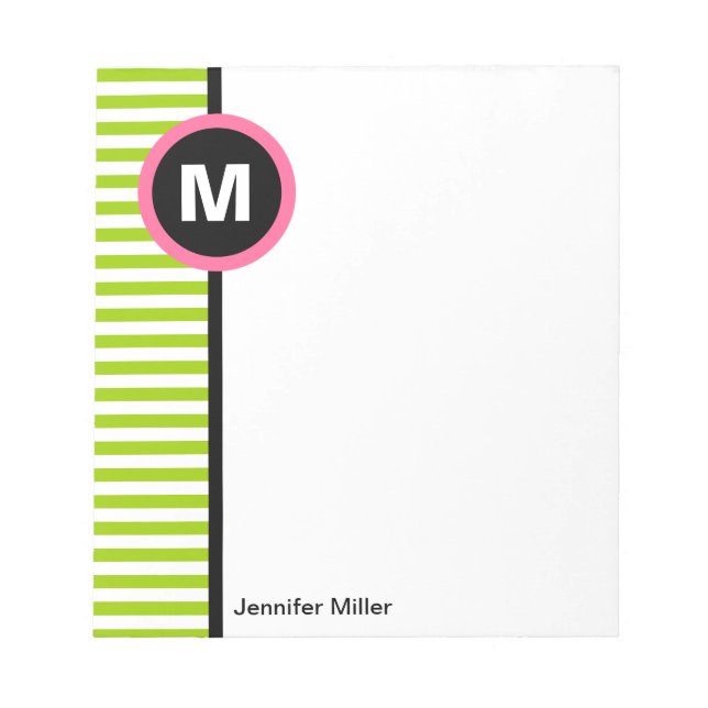 Bloc De Notas Moderno Stripe Monograma Nota Pad - Verde/Blanco (Frente)