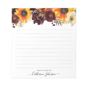 Bloc De Notas Moderno Sunflower Burgundy Rosa Floral acuarela