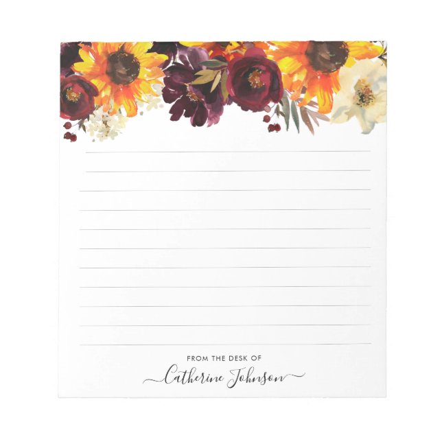 Bloc De Notas Moderno Sunflower Burgundy Rosa Floral acuarela (Frente)