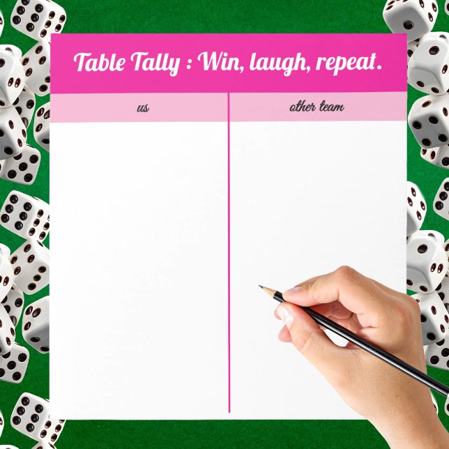 Bloc De Notas Moderno y simple mesa de Bunco blanco rosado (Pink & white Bunco tally sheet with “Win, Laugh, Repeat” saying. Easy to read, score & play!)
