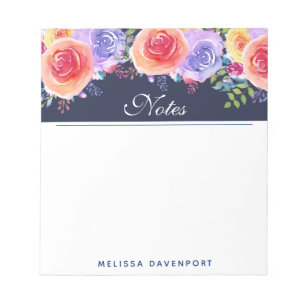 Bloc De Notas Modernos Rosas acuarelas Floral Bouquet Blue Borde
