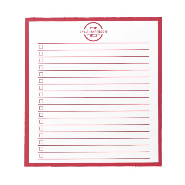 Bloc De Notas Monogram Minimalist Red Name To Do List (Frente)