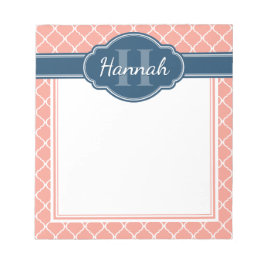 Bloc De Notas Monograma azul del patrón de ligado blanco rosado