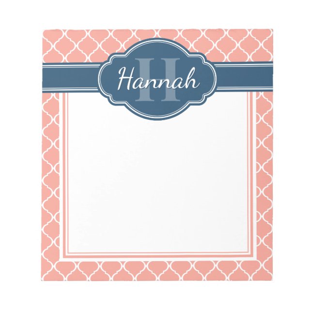 Bloc De Notas Monograma azul del patrón de ligado blanco rosado (Frente)