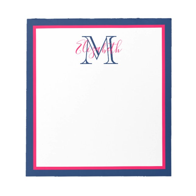 Bloc De Notas Monograma azul preppy rosa y naval (Frente)