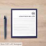 Bloc De Notas Monograma blanco de la marina de línea profesional<br><div class="desc">Un cuaderno profesional con un diseño minimalista en una paleta de color azul marino y blanco. Personalizado monograma inicial y nombre en un fondo blanco simple, enmarcado por un borde naval. Personalice el uso de los campos proporcionados o utilice el botón "mensaje" para ponerse en contacto con el diseñador para...</div>