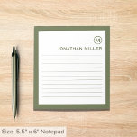Bloc De Notas Monograma blanco de oliva lineal profesional<br><div class="desc">Un cuaderno profesional de diseño minimalista en una paleta de color verde oliva y blanco. Personalizado monograma inicial y nombre sobre un sencillo fondo blanco, enmarcado por un borde de oliva. Personalice el uso de los campos proporcionados o utilice el botón "mensaje" para ponerse en contacto con el diseñador para...</div>