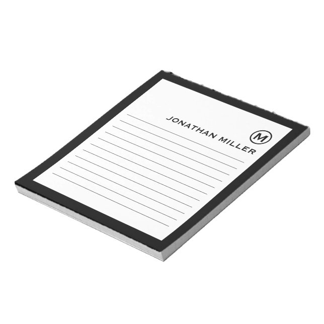 Bloc De Notas Monograma blanco negro con líneas profesionales (Lado Izquierdo)