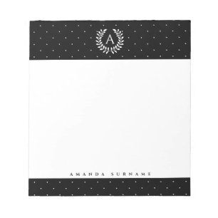 Bloc De Notas Monograma de Laurel Blanco sobre Negro con Lunares