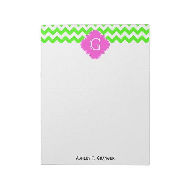 Bloc De Notas Monograma de Quatrefoil Rosa Lime Green Chevron (Lado Izquierdo)