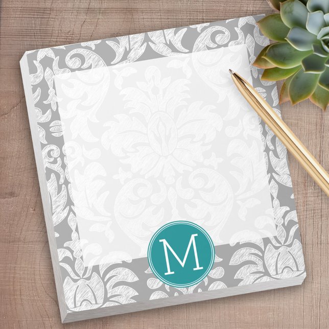 Bloc De Notas Monograma del modelo de Damasco gris y Verde azula (Personalized notepad - great for a gift or your home office)