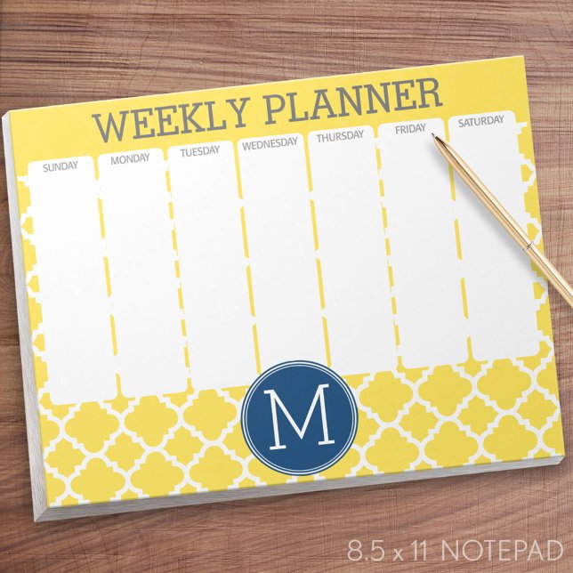Bloc De Notas Monograma del patrón de cuatrefoil amarillo y nava (Weekly Planner Notepad - Personalized)
