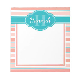 Bloc De Notas Monograma del patrón de franja Verde azulada rosa 