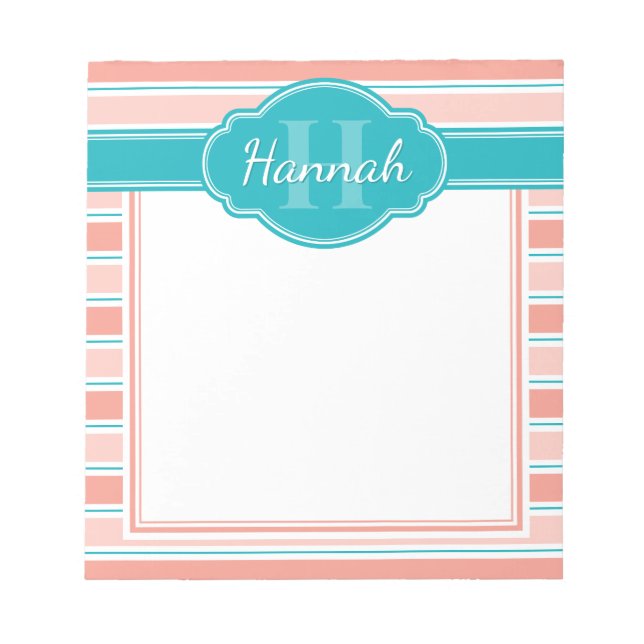 Bloc De Notas Monograma del patrón de franja Verde azulada rosa  (Frente)