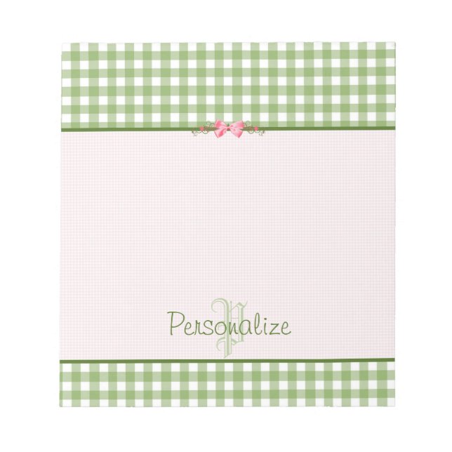 Bloc De Notas Monograma Girly Green Gingham Con Nombre (Frente)