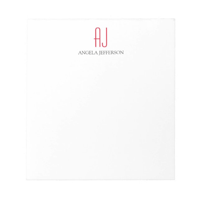 Bloc De Notas Monograma moderno simple blanco rojo (Frente)