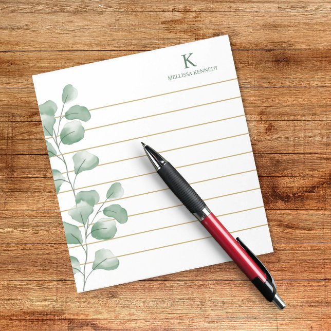 Bloc De Notas Monograma Nombre Acuarela Eucalyptus Lina de Oro (Monogram Name Watercolor Eucalyptus Gold Lined Notepad)