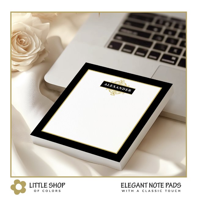Bloc De Notas Monograma Personalizable de Oro Negro Elegante (Subido por el creador)