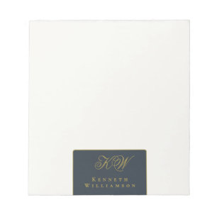 Bloc De Notas Monograma Personalizado Azul Marino Dorado Blanco