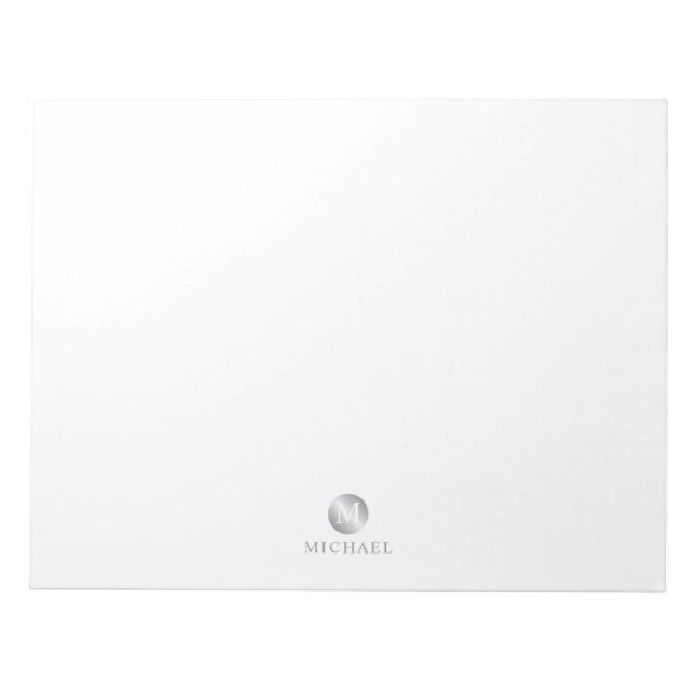 Bloc De Notas Monograma personalizado de lujo blanco y plateado (Frente)