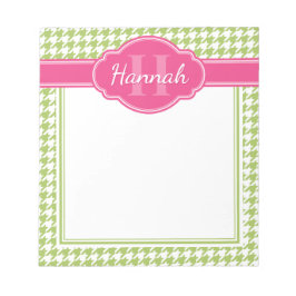 Bloc De Notas Monograma rosa con patrón de Houndstap verde