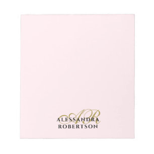 Bloc De Notas Monograma Rosa Pastel Minimalista Elegante Dorado 