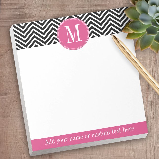 Bloc De Notas Monograma rosado Personalizado de cheurones negros (Personalized notepad - great for a gift or your home office)