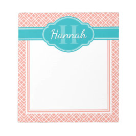 Bloc De Notas Monograma Verde azulado del patrón de enrejado de 