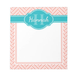 Bloc De Notas Monograma Verde azulado del patrón de hueso de are