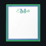 Bloc De Notas Monograma verde verde y azul profundo<br><div class="desc">Personalice este bloc de notas preppy de color verde kelly verde,  azul profundo y blanco con su elección de nombre y inicial.</div>