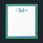 Bloc De Notas Monograma verde verde y azul profundo<br><div class="desc">Personalice este bloc de notas preppy de color verde kelly verde,  azul profundo y blanco con su elección de nombre y inicial.</div>