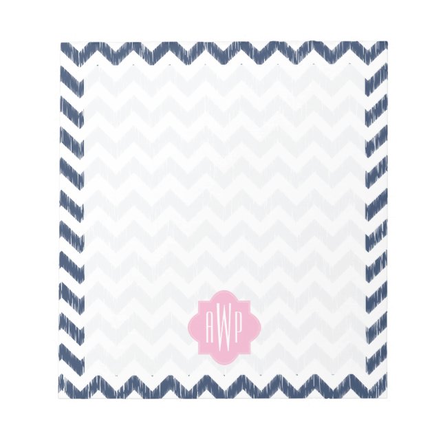 Bloc de notas monogramado Blue Chevron Ikat (Frente)