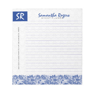 Bloc De Notas Monogramado Blue Floral Lace & White Damask 2a