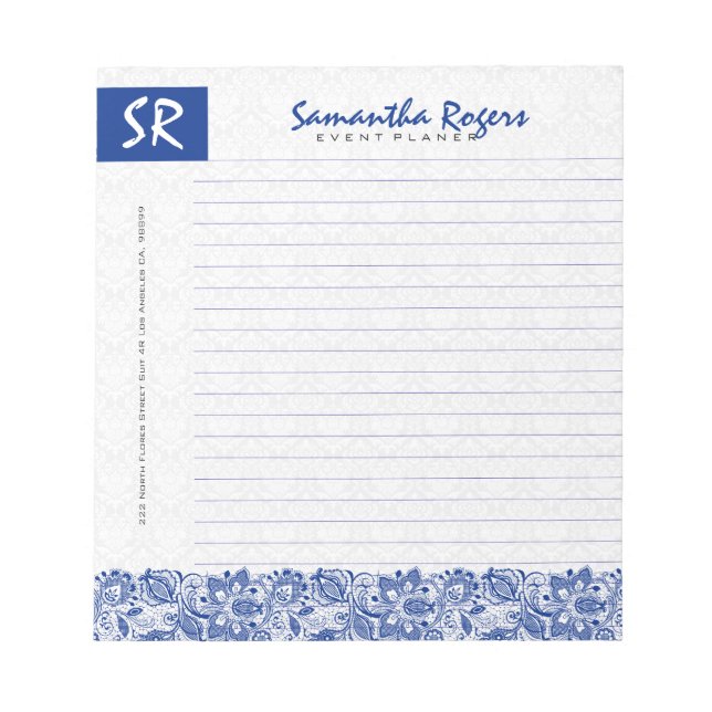 Bloc De Notas Monogramado Blue Floral Lace & White Damask 2a (Frente)