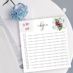 Bloc De Notas Monogramado Para Hacer Lista De Floral De Acuarela<br><div class="desc">Personalice esta nota de bonito con su monograma. La plantilla está configurada para que agregue su nombre e inicial (pero puede dejar cualquiera de las secciones en blanco si prefiere tener una u otra). Este diseño floral de acuarela femenina tiene bonito magenta y flores blancas con un follaje verde suave...</div>