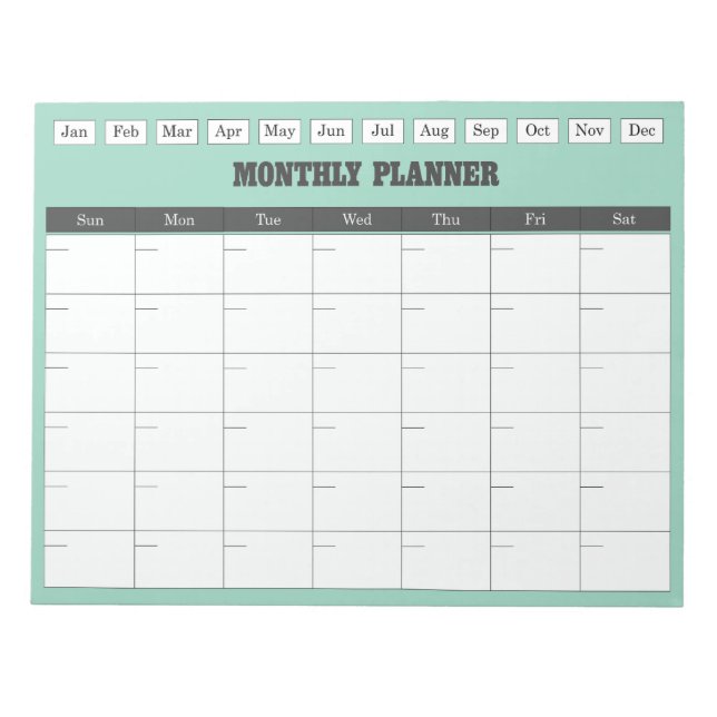 Bloc De Notas Monthly Planner Teal Simple Calendar (Frente)