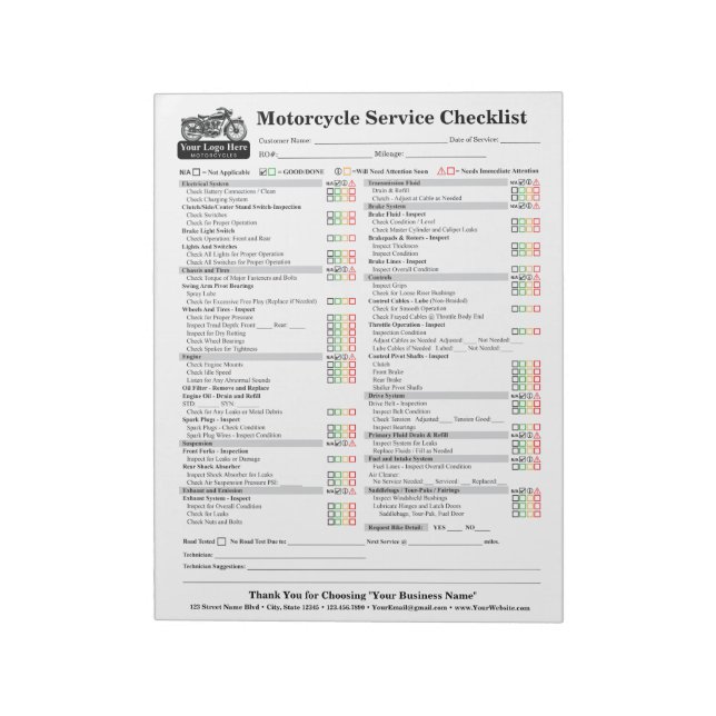 Bloc De Notas Motorcycle Service Checklist 8.5x11 (Lado Izquierdo)