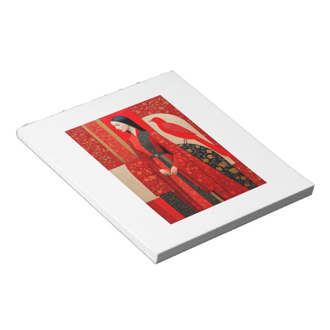 Bloc De Notas Mujer con vestido floral rojo y un pájaro rojo (Lado Derecho)