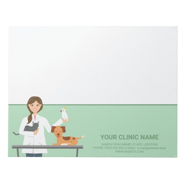 Bloc De Notas Mujer veterinaria con animales e información comer (Frente)
