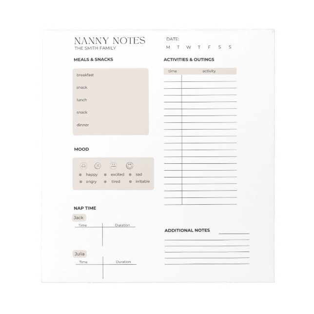 Bloc De Notas Nanny Notes, Nanny Log (Frente)