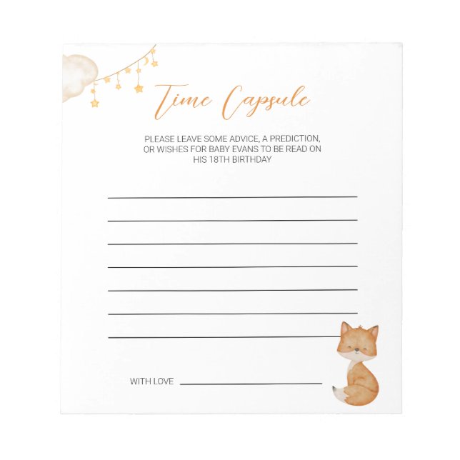 Bloc De Notas Naranja Cute Fox Baby Shower Time Capsule (Frente)