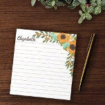 Bloc De Notas Naranja de girasoles Berries puso tu nombre<br><div class="desc">Billete de girasol personalizado con líneas prácticas y tu nombre en un guión marrón y girasoles amarillos y flores más pequeñas en amarillo, turquesa y blanco con ramas de berry adornando el lado derecho del bloc de notas. Nota personalizada con temática girasol con un papel alineado e impresa con tu...</div>