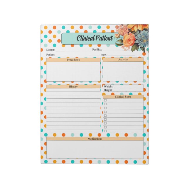 Bloc De Notas Naranja floral en puntos de Polka azul _ Paciente  (Lado Izquierdo)