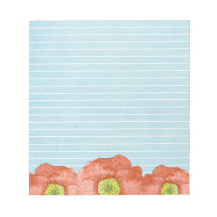 Bloc De Notas Naranja Poppy Acuarela Flores Azul Claro Lino