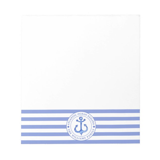 Bloc De Notas Nautical Anchor Navy Blue Striped Personalizado (Frente)