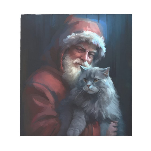 Bloc De Notas Navidades festivos del gato azul ruso Santa Claus (Frente)