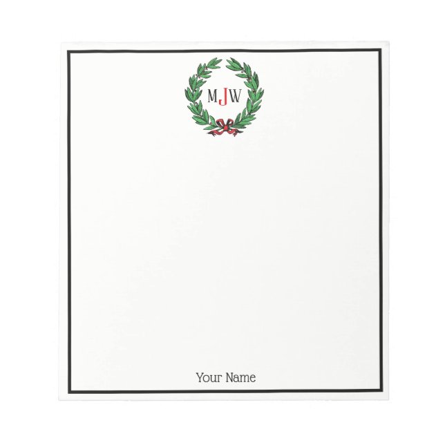 Bloc De Notas Navidades festivos Xmas Holly Wreath Monograma (Frente)