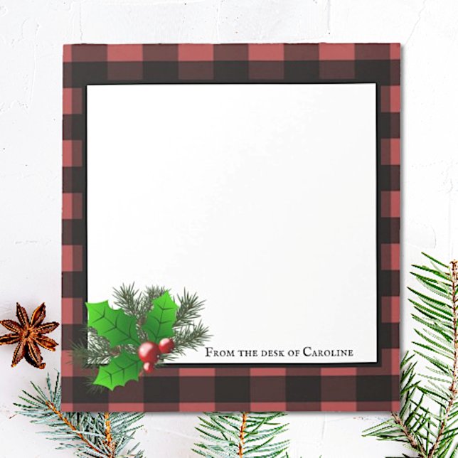 Bloc De Notas Navidades Holly Buffalo Plaid Personalizado Notepa (Red Christmas Holly Buffalo Plaid Personalized Notepad)