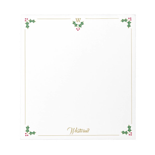 Bloc De Notas Navidades personalizados Holly Monogram Notepad (Frente)
