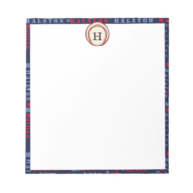 Bloc De Notas Navy Blue Monograma Nombre Regalos Niños Béisbol N (Frente)